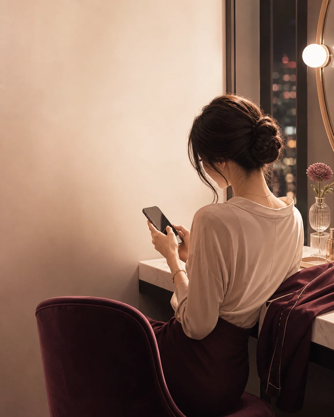 支度部屋でスマートフォンを確認する成人女性のブランドイメージ