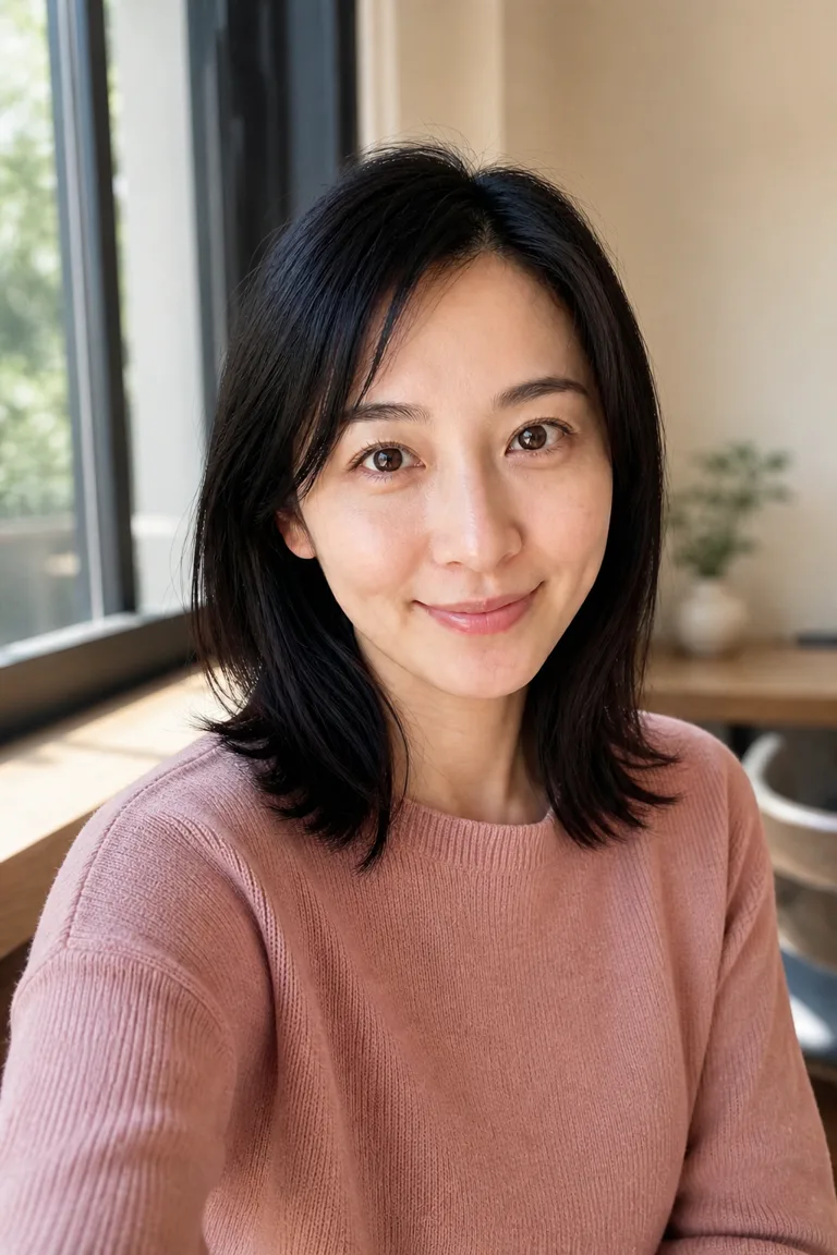 元画像と同じ架空成人女性をカフェの別場面にした検証画像